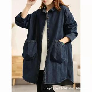 Export foreign trade 2022 Spring and Autumn new casual pocket long denim shirt Women's retro POLO collar coat