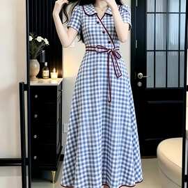 夏装法式格子连衣裙女新款温柔风漂亮梨型身材遮跨气质长裙子