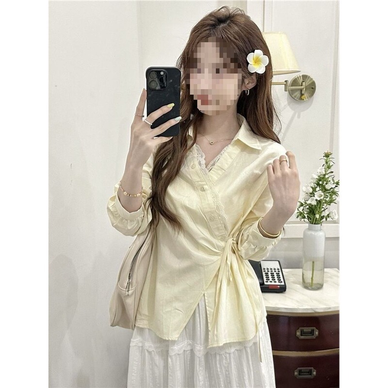 Designed Irregular Lace Tie-Up Shirt for Women 2025 Korean Style Chic Age-Reducing Shirt Top