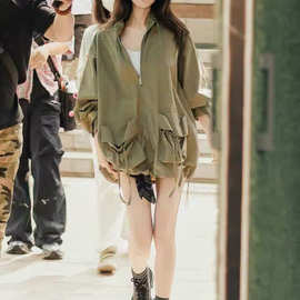 工厂露思同款绿色工装冲锋衣外套女秋冬宽松短款风衣夹克上衣批发