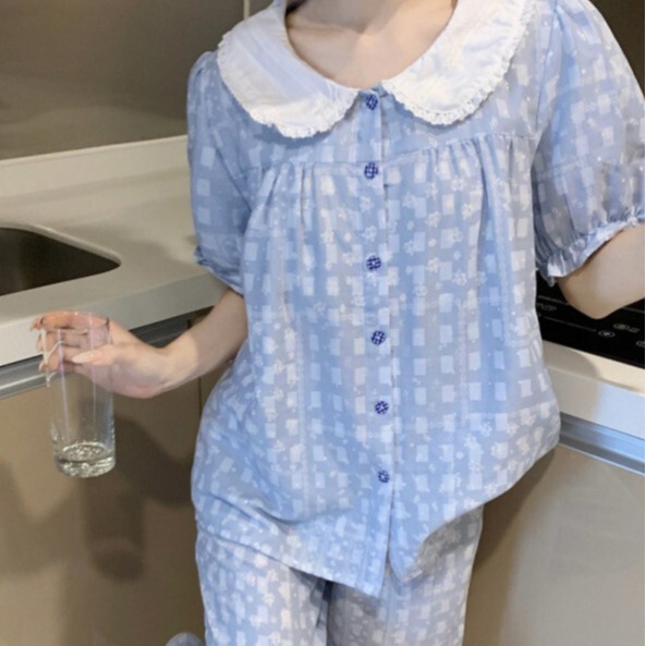 South Korea Ins Women's Korean-style Sweet Color Small Lapel Printed Clear and Comfortable Summer Short-sleeved Trousers Home Clothes