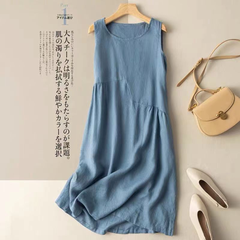 In-Stock Cotton and Linen Vest Dress for Women, Loose Mid-Length Linen Vest Dress, Japanese Style, New Summer Vintage Artistic Style