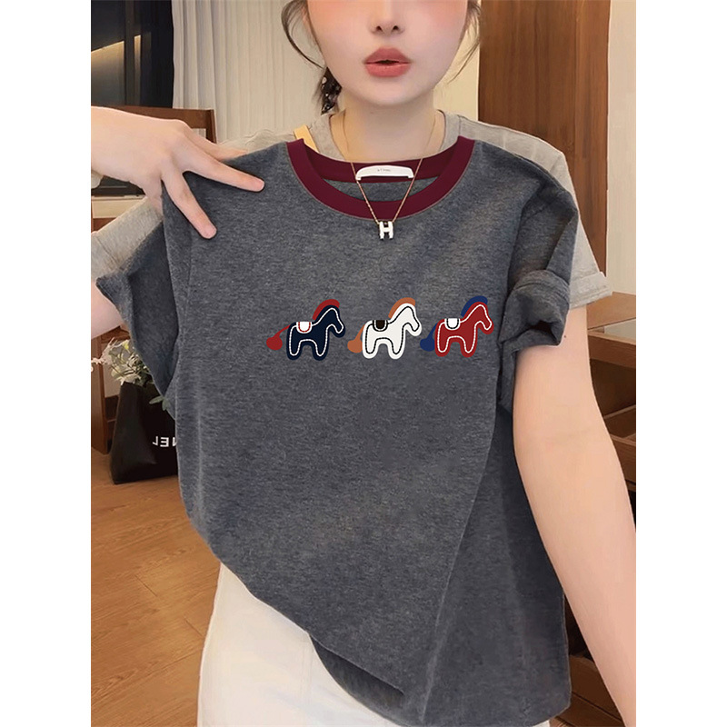 2026 Summer Trendy Design Niche Ins-Style Youthful Chic Top Regular Shoulder Pure Cotton Color-Blocking Short-Sleeve T-Shirt Women's Clothing