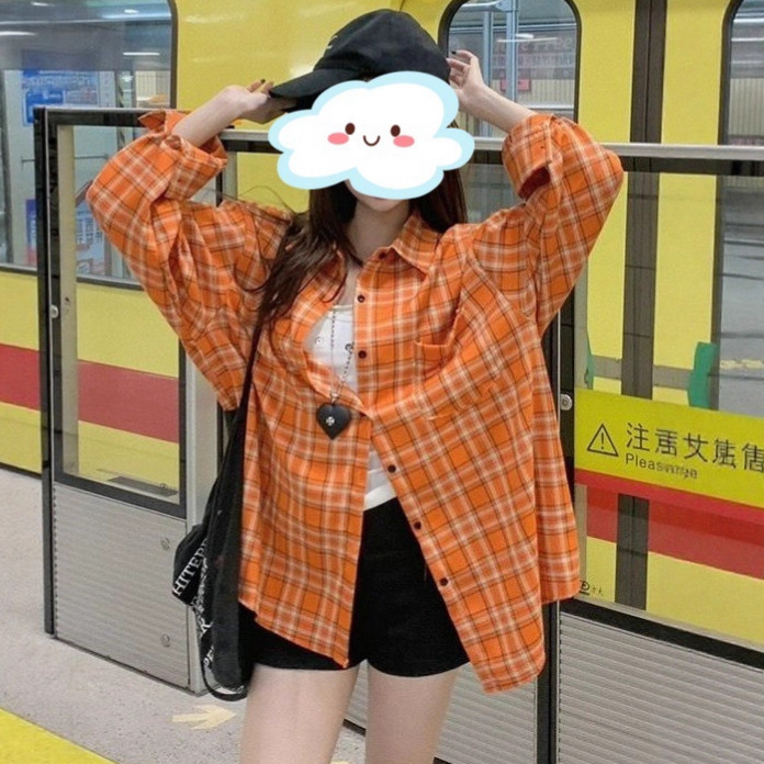 American Retro Orange Plaid Long-Sleeved Shirt for Women Spring & Fall Niche Design Loose Casual Sun Protection Couple Jacket American Retro Orange Plaid Long-Sleeved Shirt for Women Spring & Fall Niche Design Loose Casual Sun Protection Couple Jacket