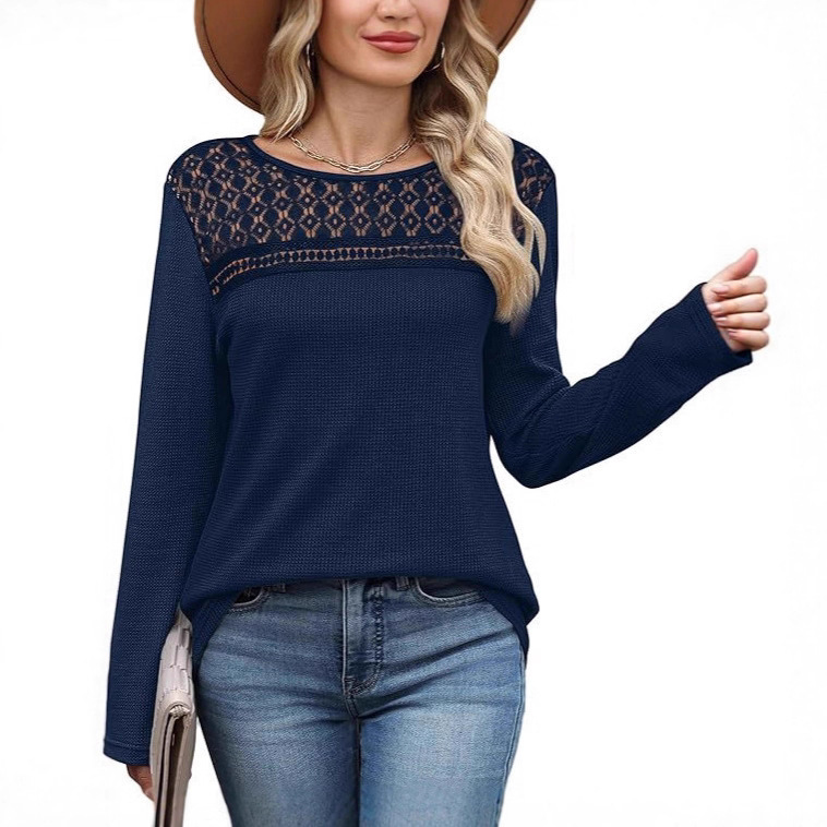 Women's Shirt Formal Casual Long Sleeve Shirt Lace Autumn Top Trendy Waffle Knit Fashion Wear