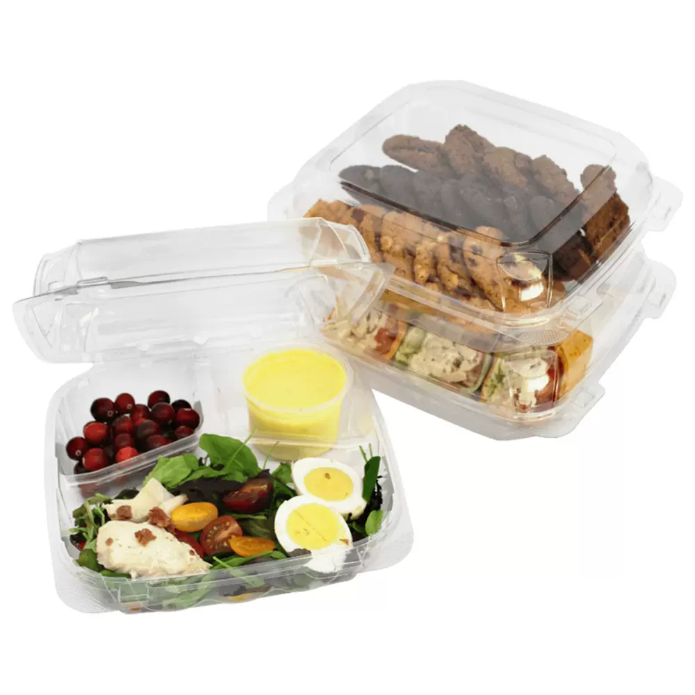 定制带盖水果沙拉外卖打包塑料盒防篡改铰链容器食品吸塑托盘