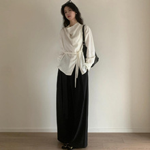 韩式简约不对称荡领斜门襟绑带衬衫女秋季宽松时尚高级感长袖上衣