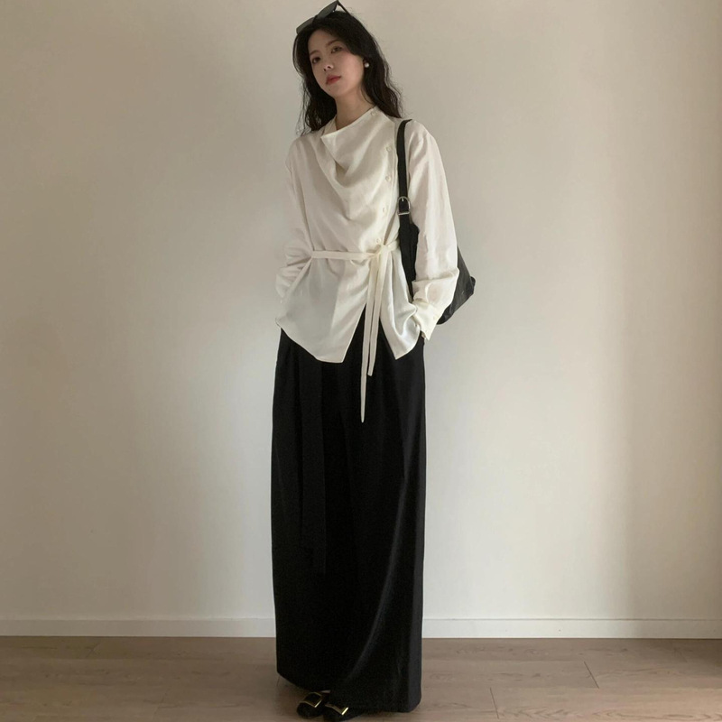 Korean-Style Simple Asymmetric Swing Collar Diagonal Placket Tie Shirt for Women, Autumn Loose Fashion High-End Long-Sleeve Top
