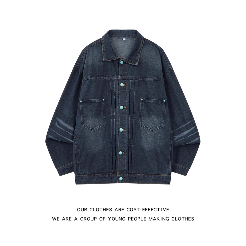 Japanese-Style Denim Jacket for Men, Spring and Autumn Trendy Brand Vibe Turquoise Button Top, Loose-Fitting Workwear Jacket with a Sense of Design