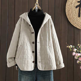 实拍新款2025冬季棉麻棉服外套女绗棉文艺格纹牛角扣连帽上衣女装