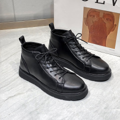 2021男純色黑色前系帶平跟潮流車縫線馬丁靴D13-網紅