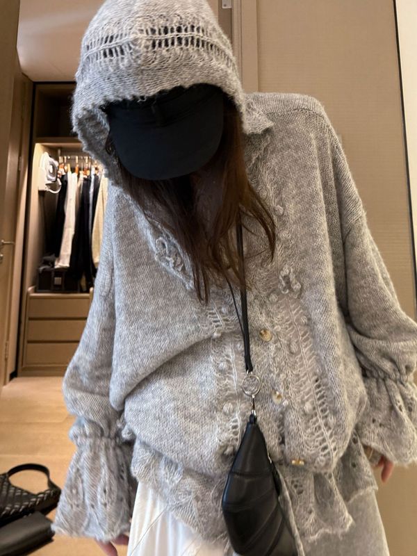 重工韩系慵懒松弛感钩花针织连帽大开衫女薄款羊毛针织衫毛衣|undefined