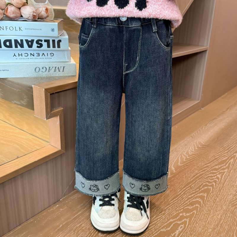 女童牛仔裤秋冬款2025新款儿童加厚猫咪女宝宝加绒阔腿直筒裤冬季