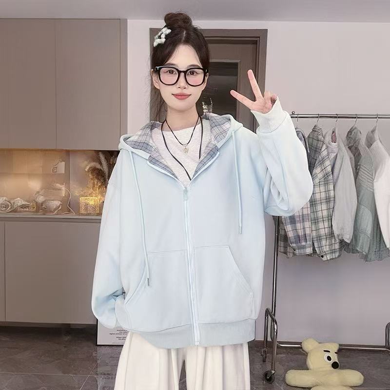 开衫连帽卫衣外套女秋冬2025新款大码女装拼接格子设计感宽松上衣|undefined