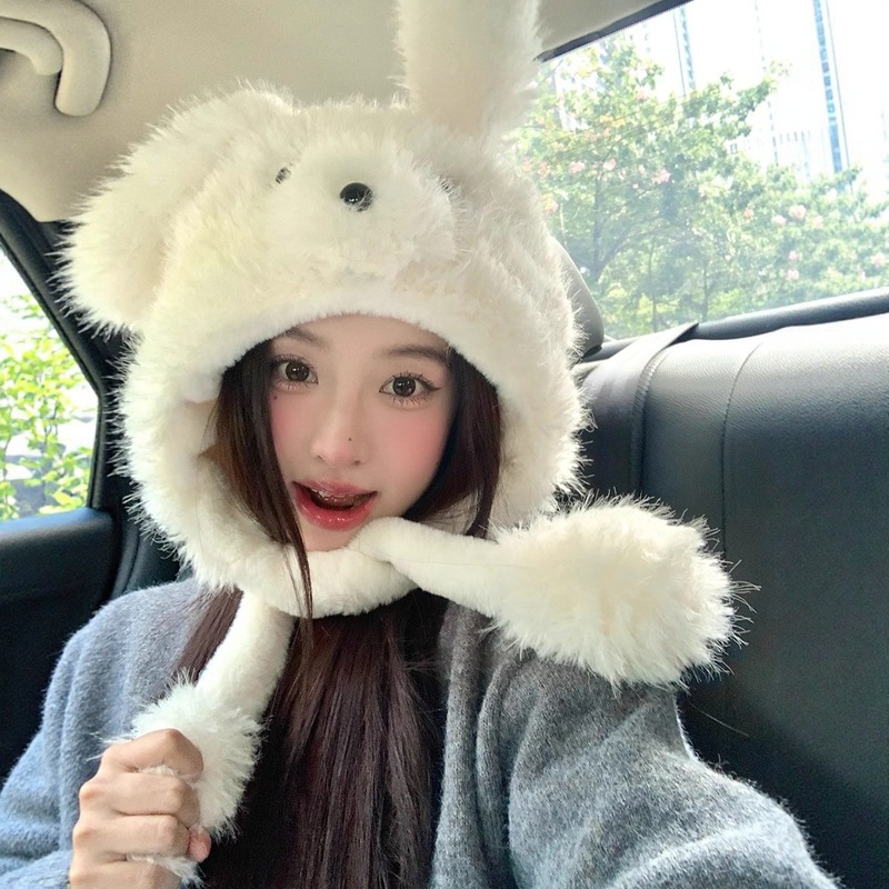 可爱会动耳朵小狗毛绒帽子女秋冬季防寒保暖加厚护耳雷锋帽显脸小|undefined