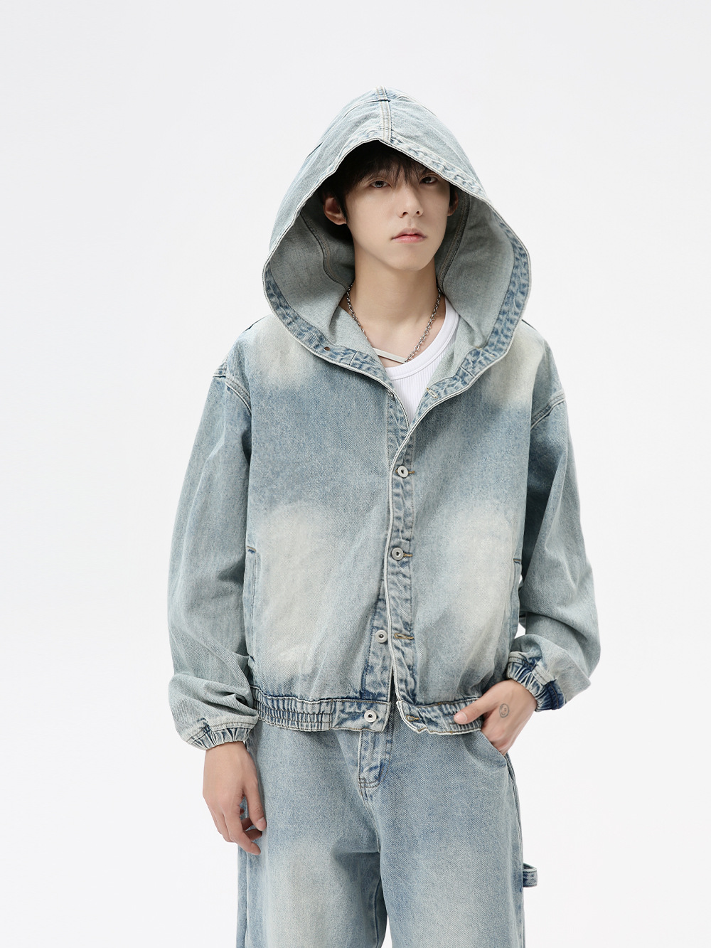 MTLCLOTHES Hombres| 2024 otoño nuevos productos vintage americano chaqueta encapuchada lavado con vaqueros sueltos