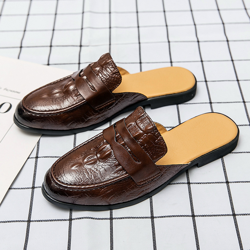2025 Men's Closed-Toe Half-Back Leather Shoes with Crocodile Pattern, Backless Korean Style Men's Fashion Slippers for Youth