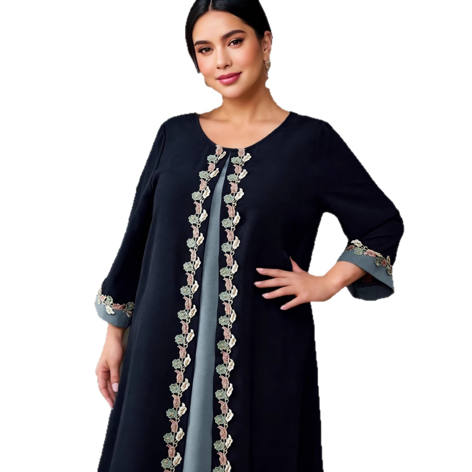 Exclusive Cross-border Supply Of Middle Eastern Robes, Muslim Fashion Navy Blue Embroidered Patchwork Abaya Plus-size_ecoleips.com