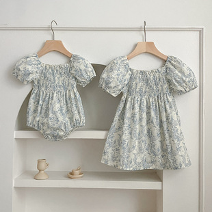 Summer New Baby Girl Tongbao Thin Cotton Floral Bubble Short-sleeved Fart One-pieces Climbing Clothes for Girls dress Sisters