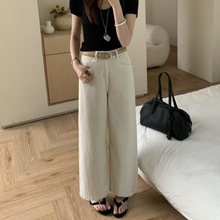 高端定制 JEANS宽松直筒小个子牛仔裤女夏薄款卡其色九分裤送腰带