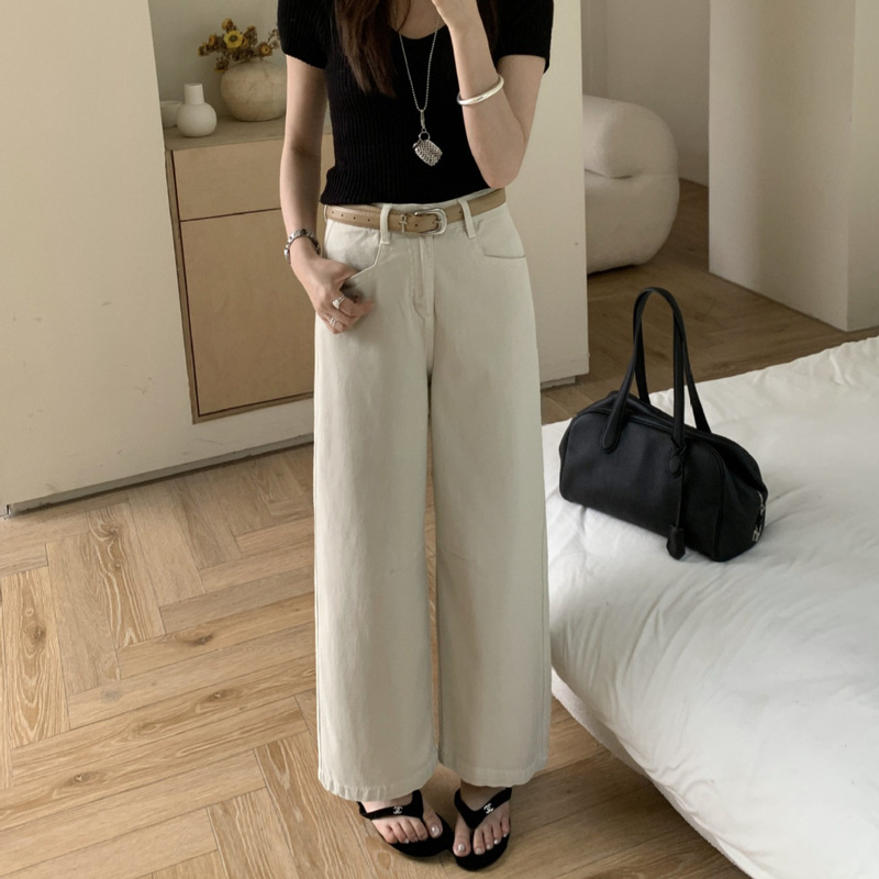High-End Custom-Made Jeans Loose Straight-Leg Jeans for Petite Women, Summer Thin Khaki Color Cropped Pants with a Belt Included