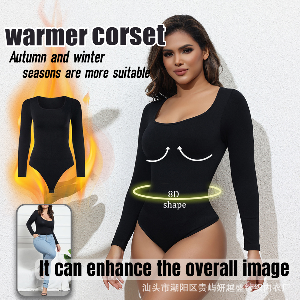 跨境冬季无缝长袖连体衣女士大码美体紧身高弹SKIMS瑜伽打底衣