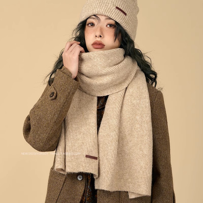 Solid color winter retro khaki knitted keep warm scarf