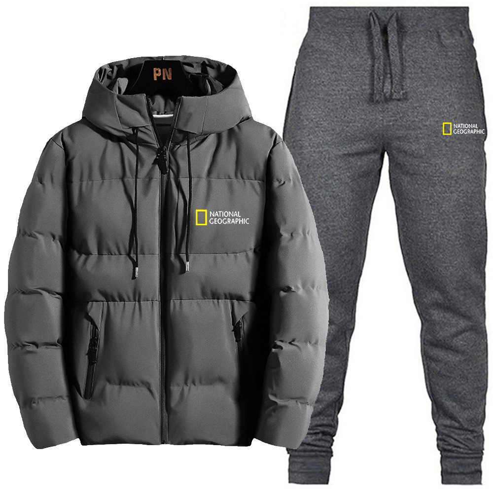 Set mit Kapuzenjacke und langer Hose für dicke, warme Baumwollkleidung für den Winter für Herren, neue Sport- und Freizeitkleidung_voghion.com