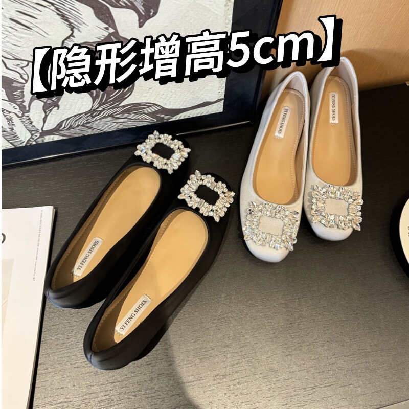 Sheepskin version ~ small height rhinestone square buckle shoes women's ladle shoes round head late gentle commuter flat shoes