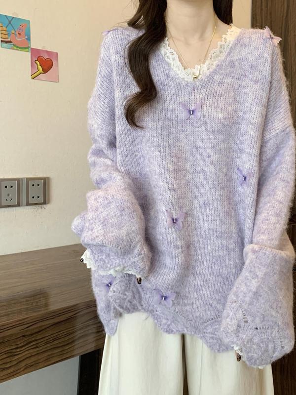 大码法式蕾丝针织衫女装秋冬时尚软糯毛衣打底衫V领宽松显瘦上衣|undefined