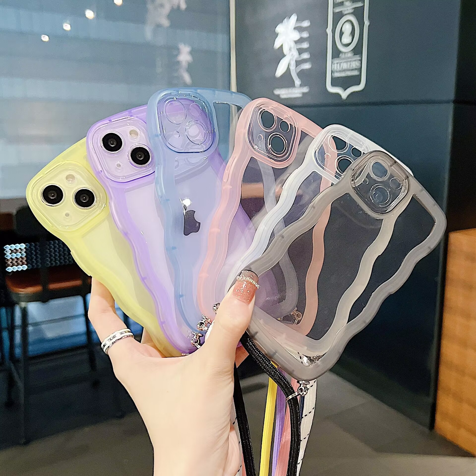 Suitable for iPhone 16 Candy-Colored Wavy Edge Crossbody Lanyard 15 Phone Case Apple 17 Precision Hole Silicone 14 Protection