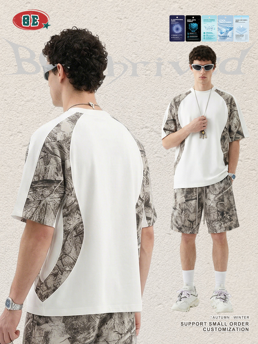 Be Hombres| Marca de moda americana de verano calles de transferencia térmica camuflado empalme camiseta de manga corta casual deportes rápidos ropa seca para hombres image 4
