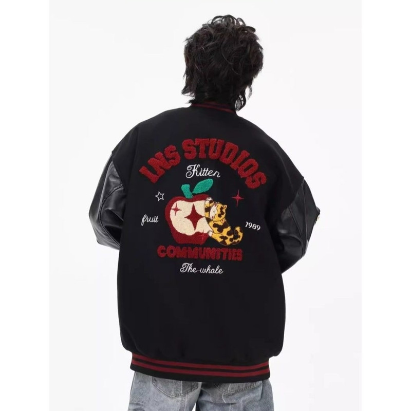 American retro color-blocked apple print baseball jacket for spring and autumn, unisex, loose fit, versatile for commuting, trendy jacket American retro color-blocked apple print baseball jacket for spring and autumn, unisex, loose fit, versatile for commuting, trendy jacket