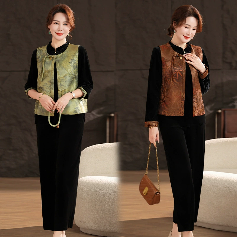 Весенне-осенний повседневный костюм для мамы среднего возраста, осень 2025, новый весенне-осенний повседневный комплект из двух предметов с принтом для женщин среднего и пожилого возраста