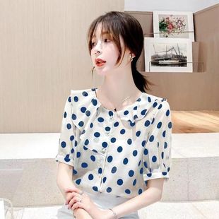 2025 New Summer Style Fashionable Lotus Leaf Collar Shirt Polka Dot Short-Sleeved Chiffon Shirt Women's Loose Light Mature Top