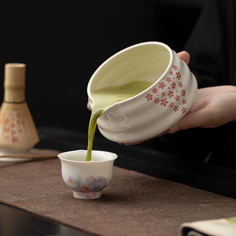 樱花落抹茶四件套日式点茶道大号陶瓷打茶碗茶筅茶刷百本立茶配件|undefined