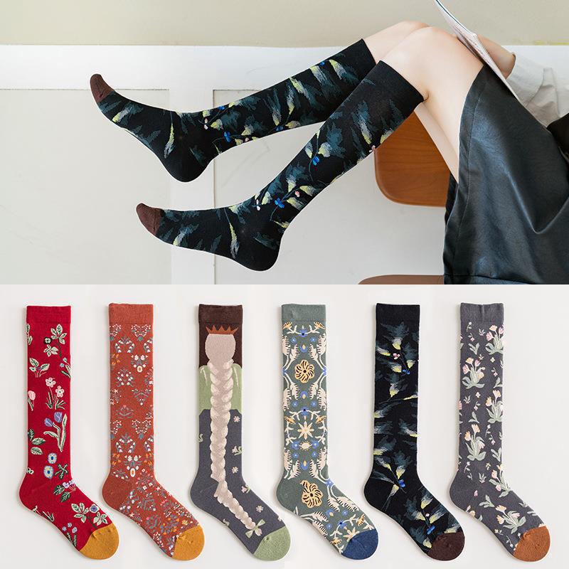 Foreign trade knee leg cross-border calf socks Japanese and Korean ins long tube JK combed cotton tide socks abstract art socks women