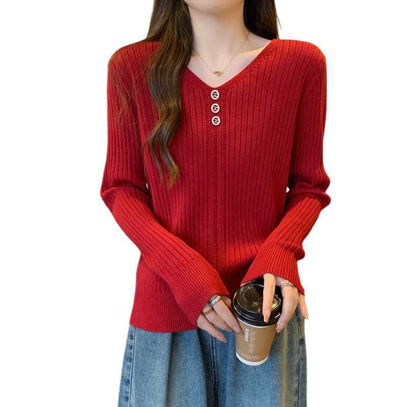 Real shot plus size women's clothing 2023 autumn new fashion V-neck sweater top chubby girl loose sweater bottoming shirt