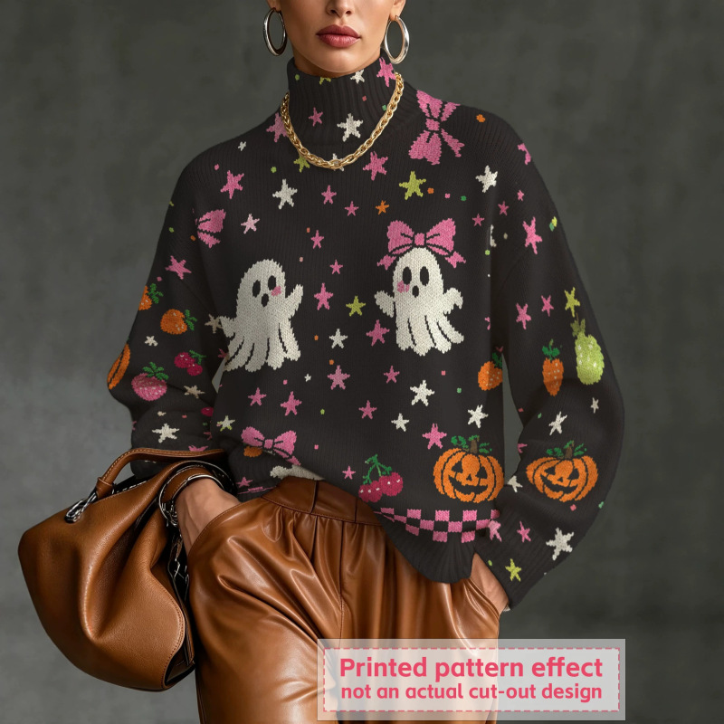 Cross-border Amazon women's sweater, high-neck knit top, premium Halloween 3D digital print design, factory direct sales