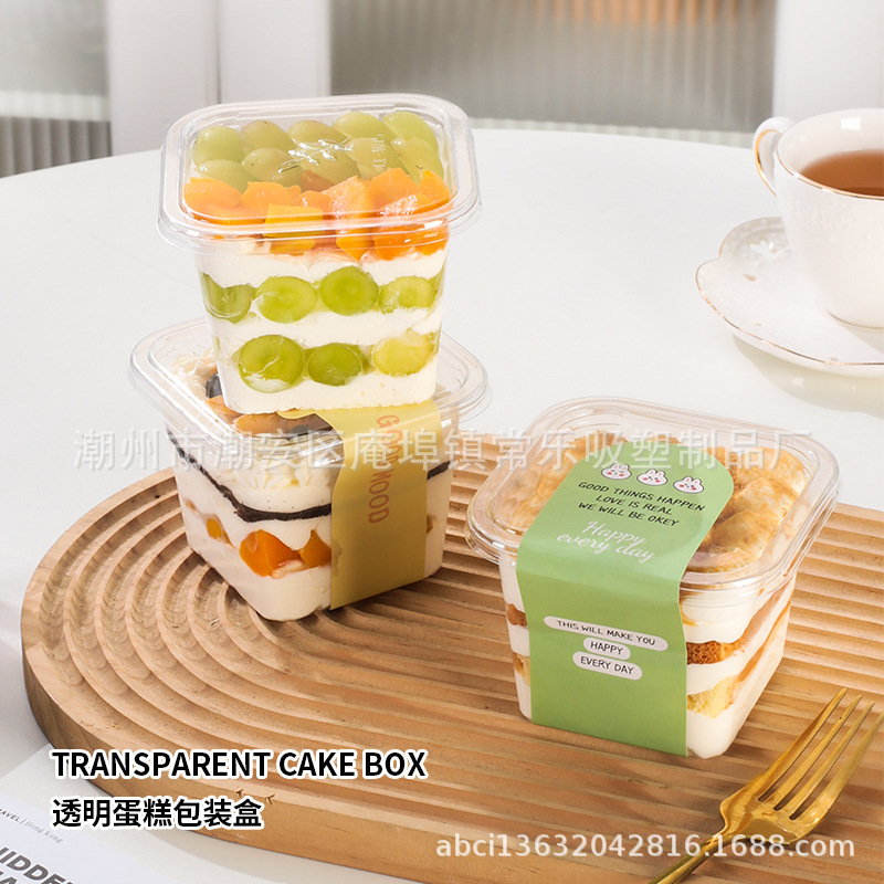 Caja de embalaje de pastel de leche de soja cuadrada mousse, taza de paja de madera tiramisu transparente desechable y gruesa para hornear caja de punto oeste
