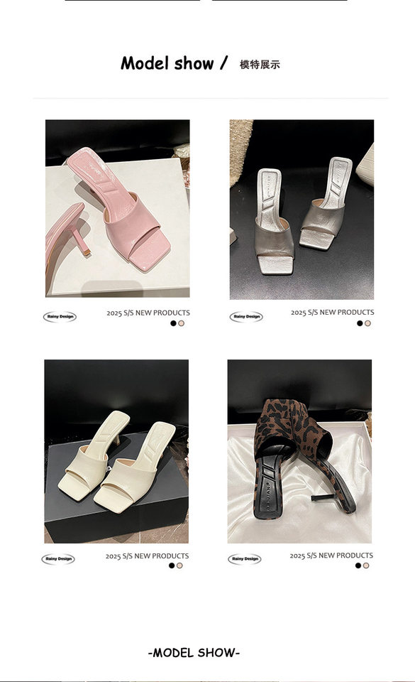 Dép sandal nữ quai ngang mũi vuông hở ngón gót 7 cm — Màu bạc, Màu da báo, Màu hồng, Màu trắng be chi tiết 8