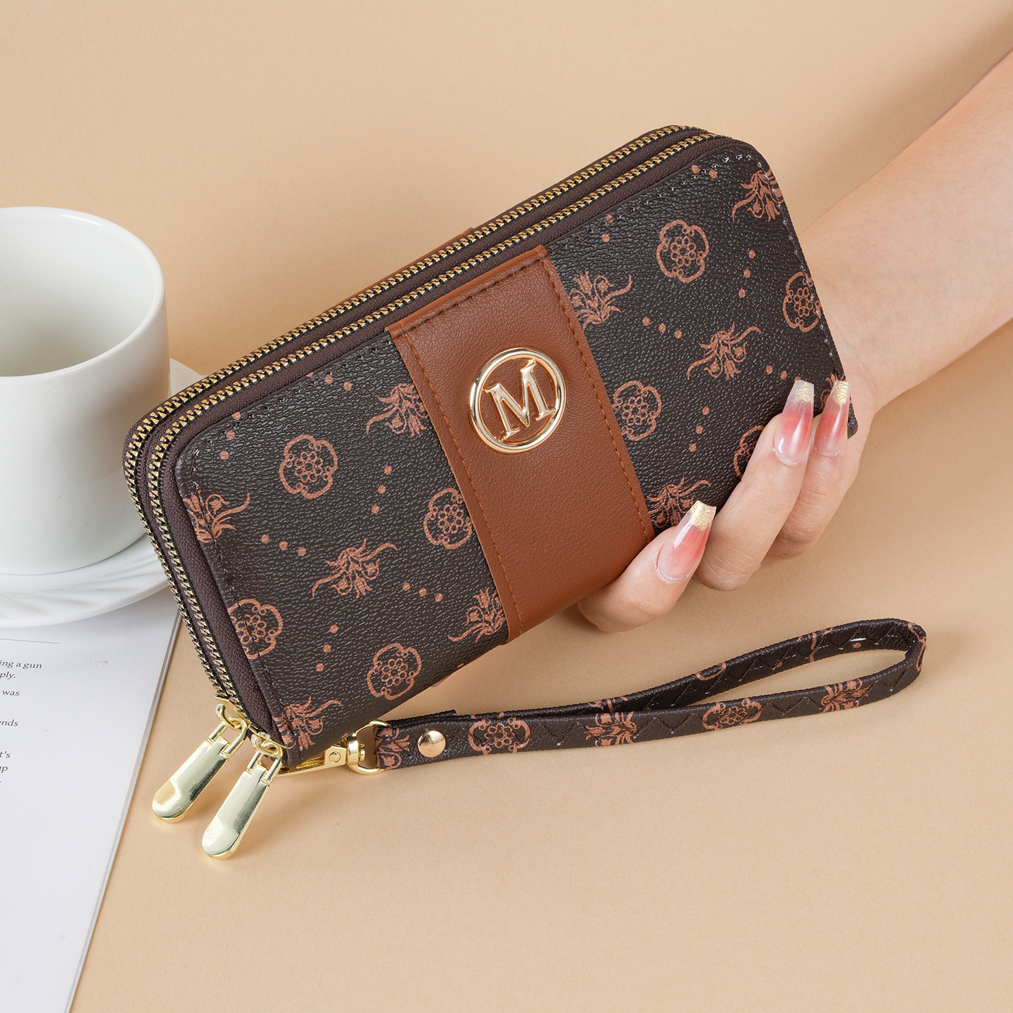 Cartera de Mano de Doble Capa de Cuero PU Multitarjetero Cierre de Cremallera para Uso Diario