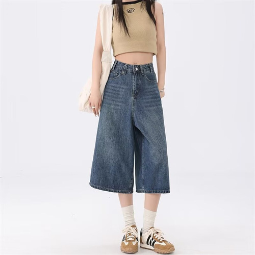 American Retro 7/8 Inch Women's Summer New Washed Distressed High-Waisted Loose Straight Leg Wide Leg Pants Short Pants