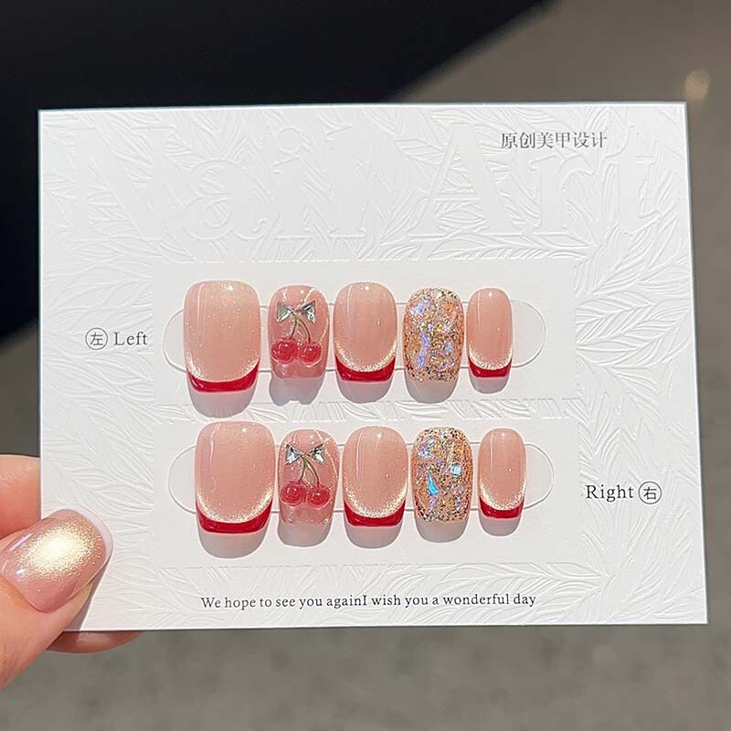 Purely Handmade New Year's Lucky Red Autumn and Winter French-Style Rhinestone Cat-Eye Fresh and Brightening Atmosphere-Ready-To-Wear Nail Tips