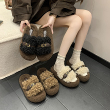 女潮毛毛拖鞋女秋冬外穿2025新款高级感配裙子厚底羊羔毛绒棉拖鞋