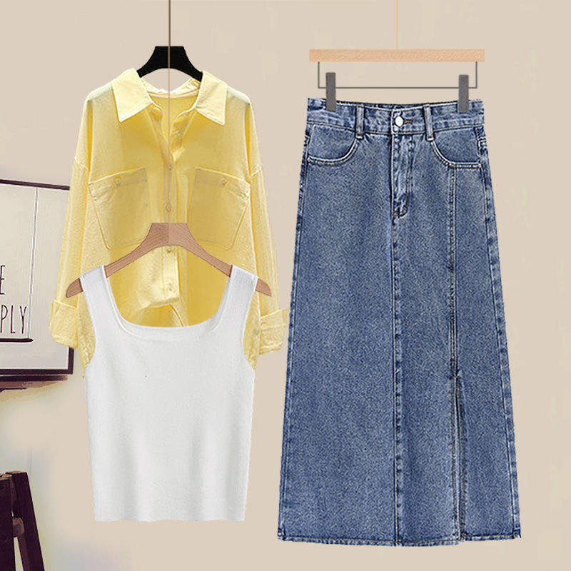 Damenbekleidung Stylisches Hemd Camisole Weste Schmaler Jeansrock Übergröße Damen Herbst-Outfit-Set - Stylisches Hemd, Tanktop & Jeansrock 3-teiliges Set_voghion.com