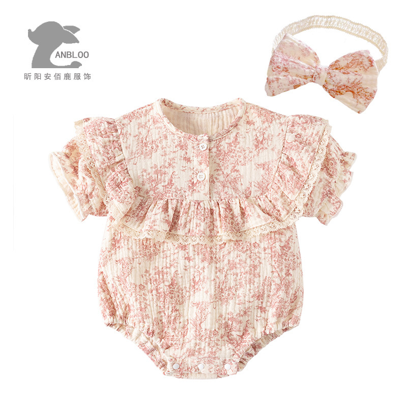 Newborn Baby Summer Chinese Style Ink Painting Short-Sleeved Triangle Bag Baby Girl's Baby Clothes Pure Cotton Sweat-Absorbent and Breathable