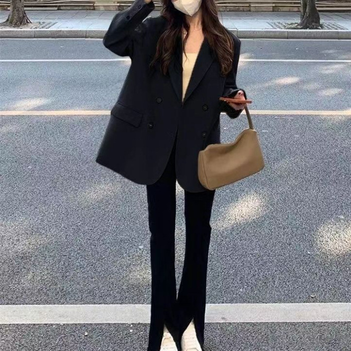 跨境咖色西装外套女新款韩版双排扣宽松高级感炸街网红休闲西服潮|undefined