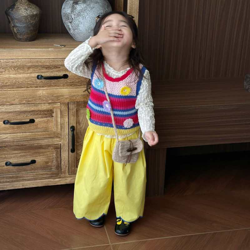 儿童套装秋2025新款甜美女童多巴胺针织背心蕾丝打底衫宝宝阔腿裤|undefined