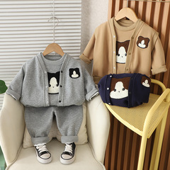 赤ちゃんの春の服の男の子のカーディガンの刺繍の猫の頭のコート2025の新型の子供の洋風の百合の3セットの0-3歳